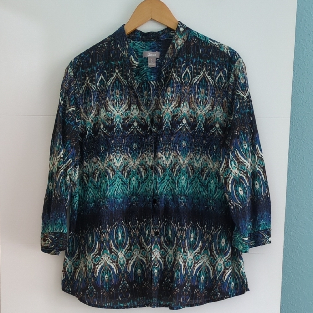 Chico' s Blue& Teal Patterned Button Down Blouse 3/4 Sleeves Sz XL - Picture 1 of 5